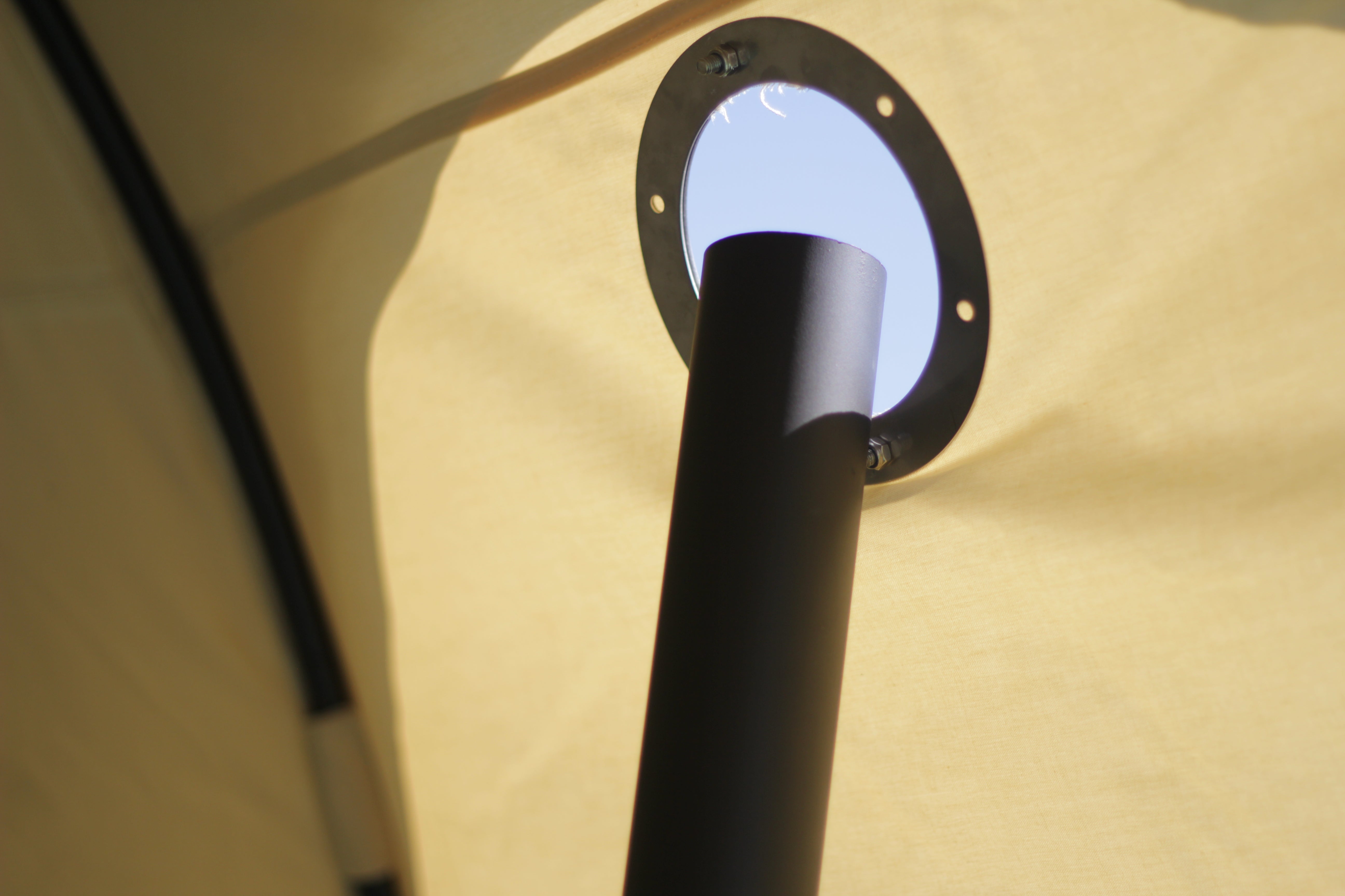 Installation of a wood burning stove in a tent, flashing kit & flue