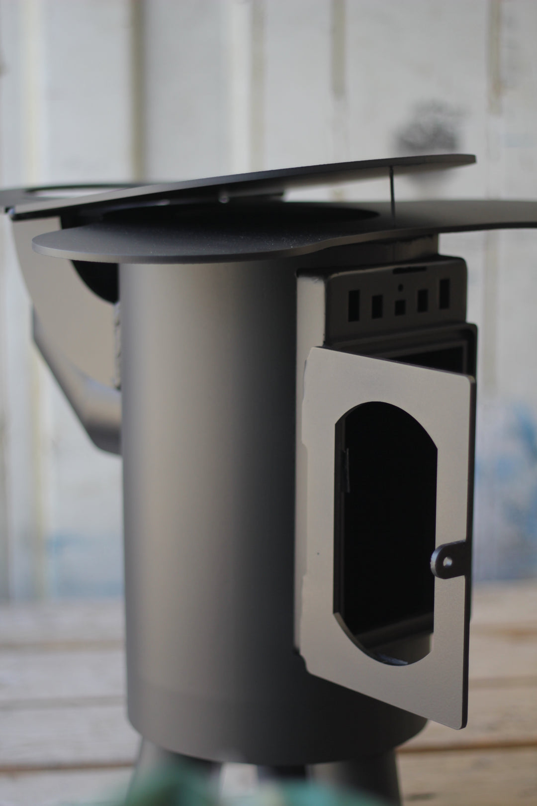 The Anevay Small Space Shepherd Stove in the workshop in Cornwall